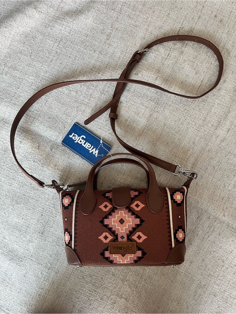 Wrangler Brown Crossbody with Pink Aztec Embroidery